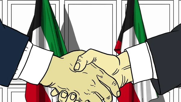Бизнесмены или политики пожимают руку флагу Кувейта. Встреча или сотрудничество в области иллюстрации мультфильмов — стоковое фото