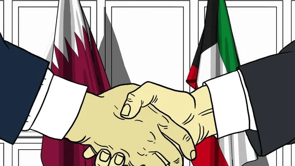 Επιχειρηματίες ή πολιτικοί κάνουν χειραψία με τις σημαίες του Κατάρ και του Κουβέιτ. Επίσημη συνάντηση ή συνεργασία με εικονογράφηση κινουμένων σχεδίων — Φωτογραφία Αρχείου