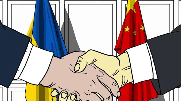 Businessmen or politicians shake hands against flags of Ukraine and China. Official meeting or cooperation related cartoon illustration — Stock Photo, Image