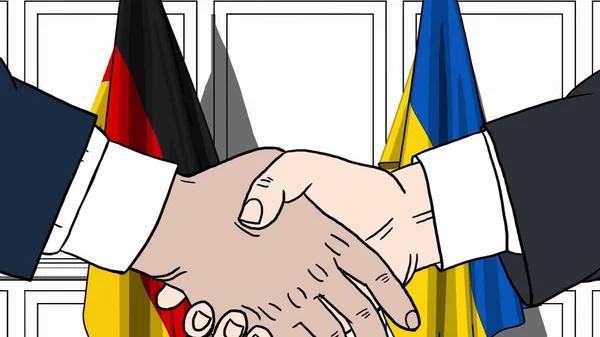 Businessmen or politicians shake hands against flags of Germany and Ukraine. Official meeting or cooperation related cartoon illustration — Stock Photo, Image