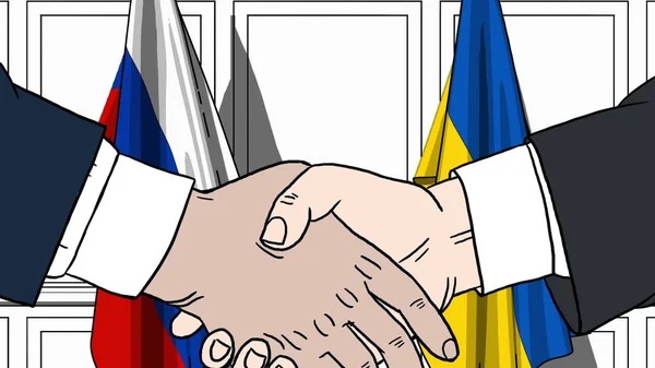 Empresários ou políticos apertam as mãos contra bandeiras da Rússia e da Ucrânia. Reunião oficial ou ilustração de desenhos animados relacionados com a cooperação — Fotografia de Stock