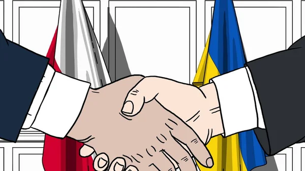 Businessmen or politicians shake hands against flags of Poland and Ukraine. Official meeting or cooperation related cartoon illustration — Stock Photo, Image