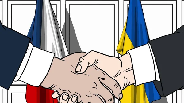 Businessmen or politicians shake hands against flags of Czech Republic and Ukraine. Official meeting or cooperation related cartoon illustration — Stock Photo, Image