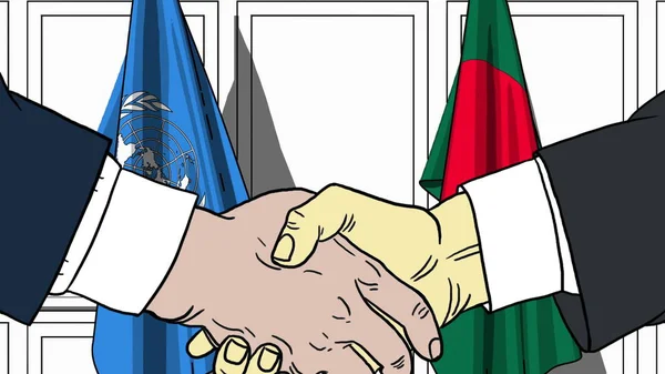 Geschäftsleute oder Politiker schütteln Hände gegen Flaggen geeinter Nationen und Bangladesh. offizielles Treffen oder kooperationsbezogene redaktionelle Illustration — Stockfoto