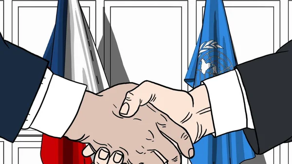 Des hommes d'affaires ou des politiciens serrent la main contre les drapeaux de la République tchèque et des Nations Unies. Réunion officielle ou illustration éditoriale liée à la coopération — Photo