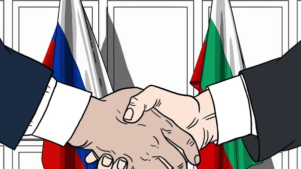 Uomini d'affari o politici stringono la mano contro le bandiere di Russia e Bulgaria. Riunione ufficiale o illustrazione dei cartoni animati relativi alla cooperazione — Foto Stock