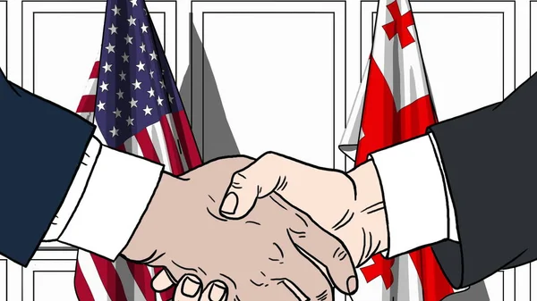 Επιχειρηματίες ή πολιτικοί κάνουν χειραψία με τις σημαίες των ΗΠΑ και της γεωργίας. Επίσημη συνάντηση ή συνεργασία με εικονογράφηση κινουμένων σχεδίων — Φωτογραφία Αρχείου