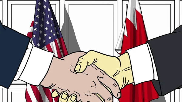 Οι επιχειρηματίες ή οι πολιτικοί κάνουν χειραψία με τις σημαίες των ΗΠΑ και του Μπαχρέιν. Επίσημη συνάντηση ή συνεργασία με εικονογράφηση κινουμένων σχεδίων — Φωτογραφία Αρχείου