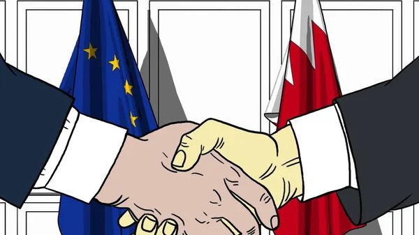 Uomini d'affari o politici stringono la mano contro le bandiere dell'UE e del Bahrein. Riunione ufficiale o illustrazione dei cartoni animati relativi alla cooperazione — Foto Stock