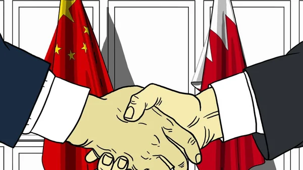 Empresários ou políticos apertam as mãos contra bandeiras da China e do Bahrein. Reunião oficial ou ilustração de desenhos animados relacionados com a cooperação — Fotografia de Stock