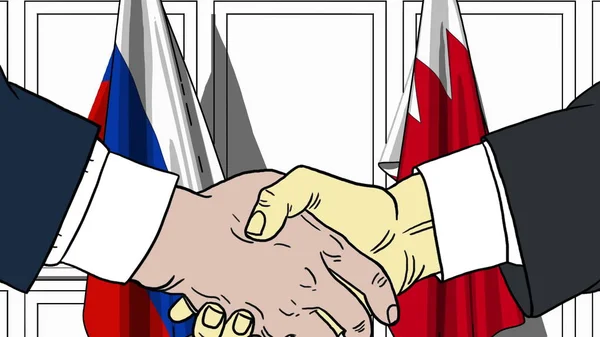 Biznesmeni lub politycy wstrząsnąć ręce przeciwko flagi Rosji i Bahrajnu. Oficjalne spotkanie lub współpraca związana z rysunkiem kreskówek — Zdjęcie stockowe