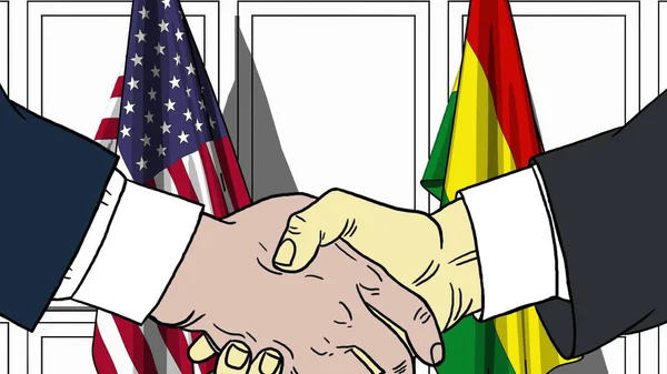 Des hommes d'affaires ou des politiciens serrent la main contre les drapeaux des États-Unis et de la Bolivie. Réunion officielle ou illustration de bande dessinée liée à la coopération — Photo