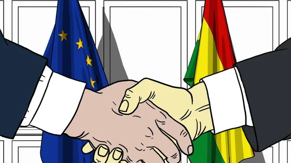 ビジネスマンや政治家は、EUとボリビアの旗に対して握手をします。公式会見・協力関連漫画イラスト — ストック写真