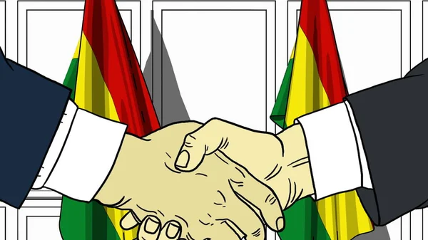 Empresarios o políticos estrechando las manos contra banderas de Bolivia. Reunión o cooperación ilustración de dibujos animados relacionados —  Fotos de Stock