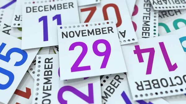 La página del calendario muestra la fecha 29 de noviembre, renderizado 3D — Foto de Stock