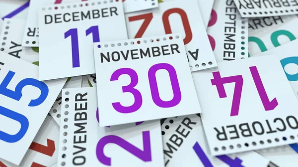 La página del calendario muestra la fecha del 30 de noviembre. Renderizado 3D — Foto de Stock