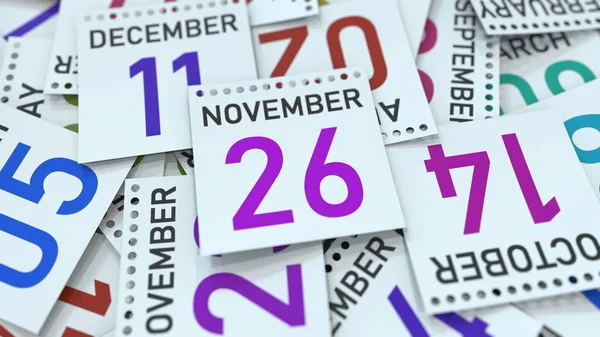 26 de noviembre fecha en la página del calendario. Renderizado 3D — Foto de Stock