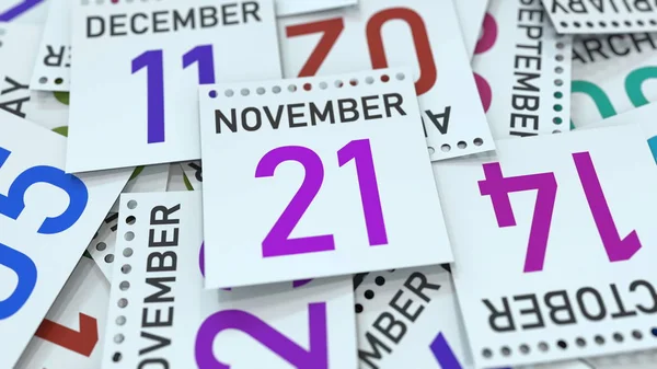 21 de noviembre fecha en hoja de calendario entre otras hojas, renderizado 3D — Foto de Stock