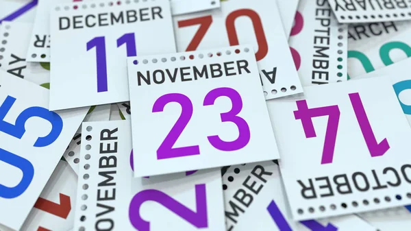 23 de noviembre fecha en hoja de calendario. Renderizado 3D —  Fotos de Stock