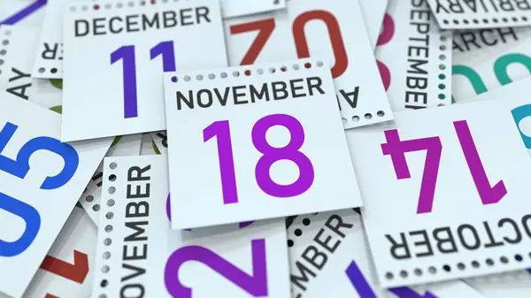 18 de noviembre fecha en la hoja del calendario. Renderizado 3D — Foto de Stock