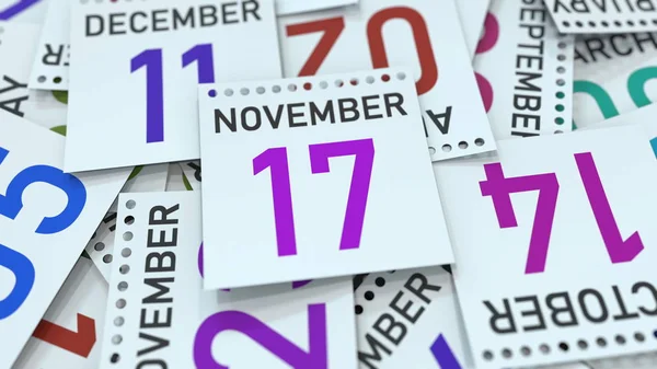 17 de noviembre fecha en la hoja del calendario. Renderizado 3D — Foto de Stock