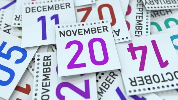 Hoja de calendario con fecha 20 de noviembre, renderizado 3D — Foto de Stock