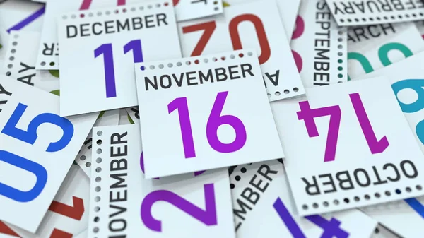 La página del calendario muestra la fecha del 16 de noviembre, renderizado 3D — Foto de Stock