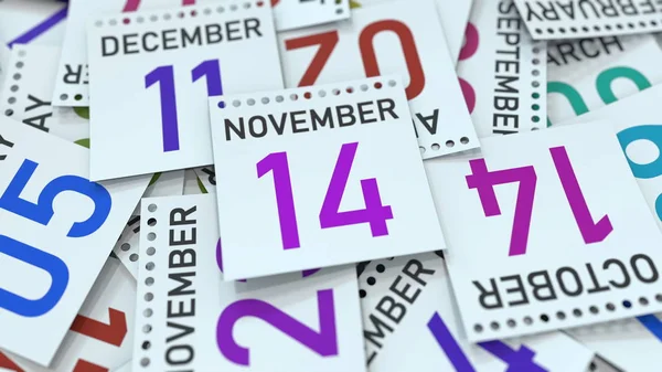 14 de noviembre fecha en hoja de calendario. Renderizado 3D — Foto de Stock