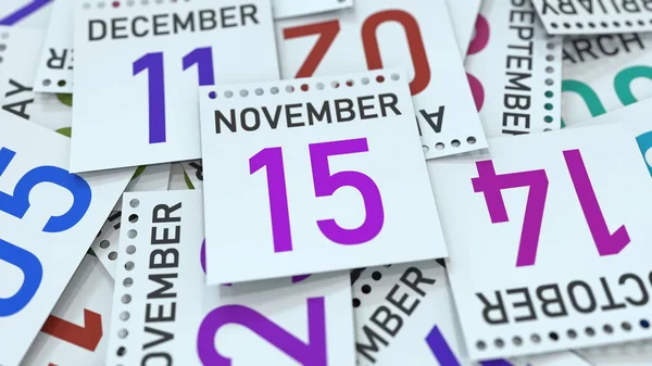 15 de noviembre fecha en la hoja del calendario. Renderizado 3D —  Fotos de Stock