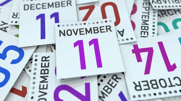 La página del calendario muestra la fecha del 11 de noviembre. Renderizado 3D — Foto de Stock