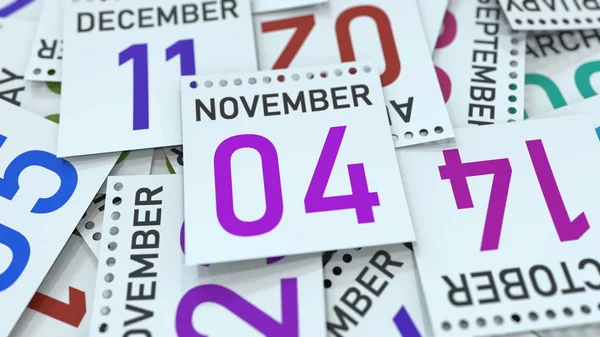 4 de noviembre fecha en hoja de calendario entre otras hojas, renderizado 3D — Foto de Stock