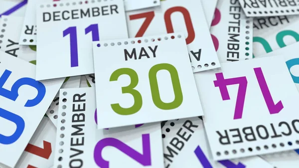 Hoja de calendario con fecha 30 de mayo, renderizado 3D — Foto de Stock