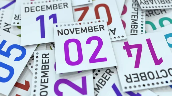 Fecha 2 de noviembre en hoja de calendario entre otras hojas, renderizado 3D —  Fotos de Stock