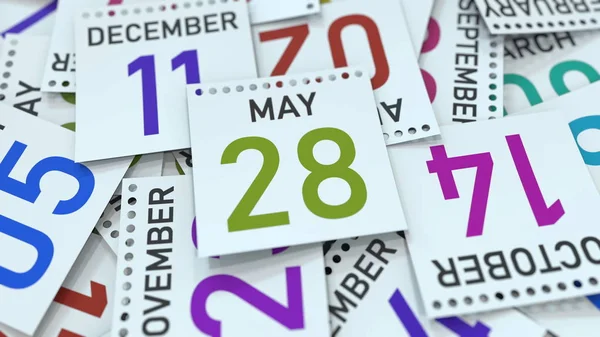 La página del calendario muestra la fecha 28 de mayo, renderizado 3D — Foto de Stock