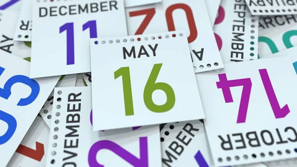 La página del calendario muestra la fecha del 16 de mayo. Renderizado 3D — Foto de Stock