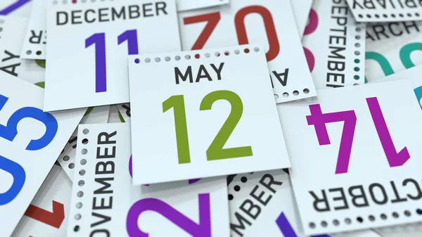 12 de mayo fecha en la página del calendario enfatizado, renderizado 3D — Foto de Stock
