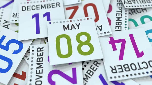 8 de mayo fecha en la página del calendario enfatizado, renderizado 3D — Foto de Stock