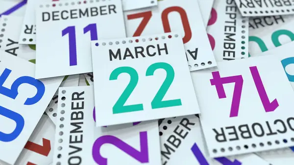 Calendar page shows March 22 date. 3D rendering — Stock Photo, Image