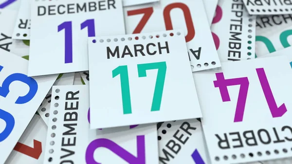 17 de marzo fecha en la página del calendario enfatizado, renderizado 3D —  Fotos de Stock