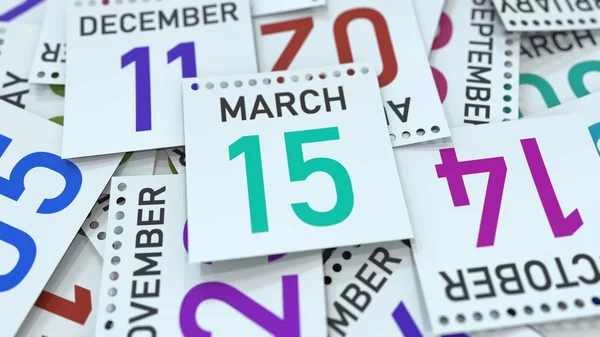 La página del calendario muestra la fecha 15 de marzo, renderizado 3D —  Fotos de Stock