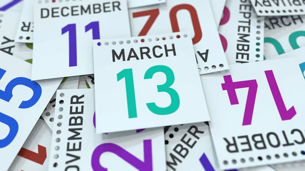 13 de marzo fecha en la página del calendario enfatizado, renderizado 3D —  Fotos de Stock