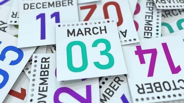 3 de marzo fecha en la página del calendario enfatizado, renderizado 3D —  Fotos de Stock