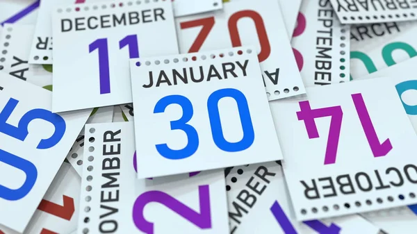La página del calendario muestra la fecha del 30 de enero, representación 3D — Foto de Stock