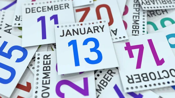 La página del calendario muestra la fecha 13 de enero, renderizado 3D — Foto de Stock
