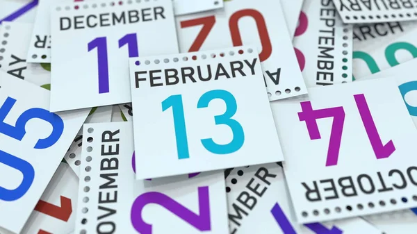 13 de febrero fecha en la página del calendario enfatizado, renderizado 3D —  Fotos de Stock