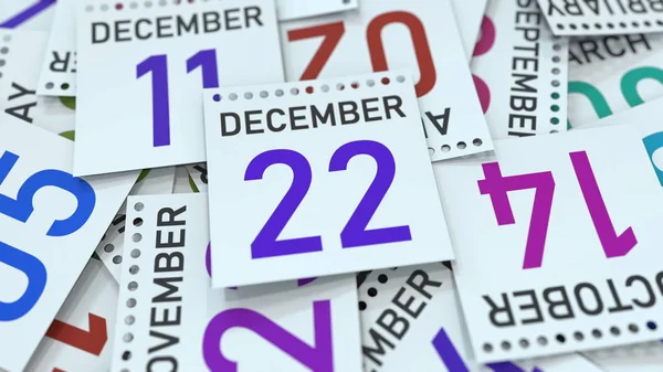 22 de diciembre fecha en hoja de calendario. Renderizado 3D — Foto de Stock