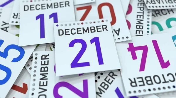 21 de diciembre fecha en la página del calendario enfatizado, renderizado 3D — Foto de Stock