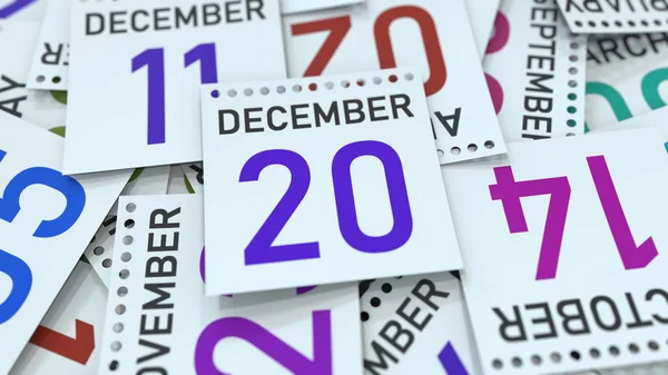 Hoja de calendario con fecha 20 de diciembre, renderizado 3D — Foto de Stock