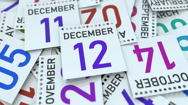 La página del calendario muestra la fecha del 12 de diciembre. Renderizado 3D — Foto de Stock