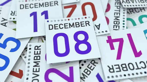 Fecha del 8 de diciembre en la página del calendario. Renderizado 3D — Foto de Stock